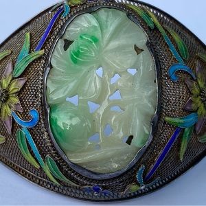 Antique Chinese cloisone jade silver bangle bracelet.